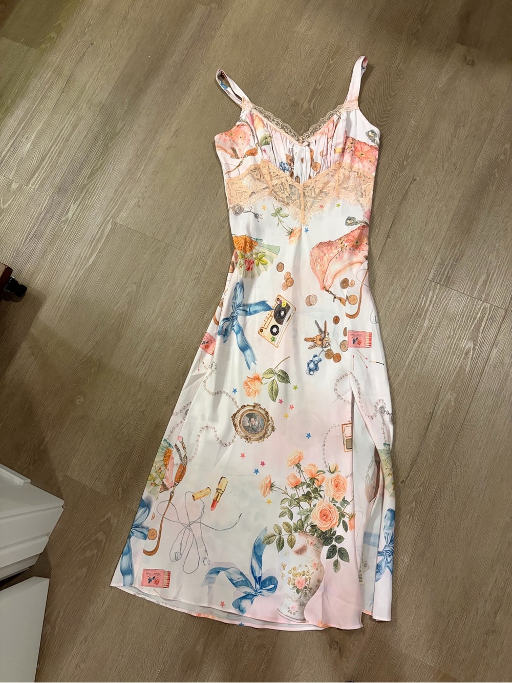 Kimchi Blue Pastel Floral & Ribbon Maxi Slip Dress